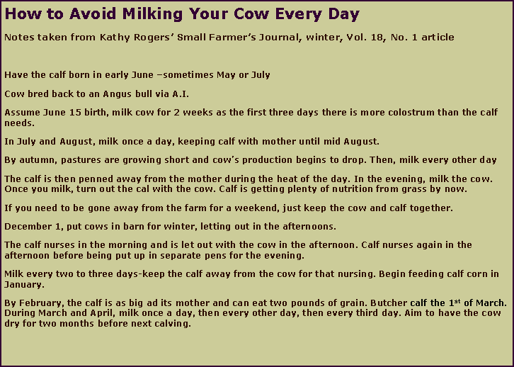 Text Box: How to Avoid Milking Your Cow Every DayNotes taken from Kathy Rogers� Small Farmer�s Journal, winter, Vol. 18, No. 1 articleHave the calf born in early June �sometimes May or JulyCow bred back to an Angus bull via A.I.Assume June 15 birth, milk cow for 2 weeks as the first three days there is more colostrum than the calf needs.In July and August, milk once a day, keeping calf with mother until mid August.By autumn, pastures are growing short and cow�s production begins to drop. Then, milk every other dayThe calf is then penned away from the mother during the heat of the day. In the evening, milk the cow. Once you milk, turn out the cal with the cow. Calf is getting plenty of nutrition from grass by now.If you need to be gone away from the farm for a weekend, just keep the cow and calf together.December 1, put cows in barn for winter, letting out in the afternoons.The calf nurses in the morning and is let out with the cow in the afternoon. Calf nurses again in the afternoon before being put up in separate pens for the evening. Milk every two to three days-keep the calf away from the cow for that nursing. Begin feeding calf corn in January.By February, the calf is as big ad its mother and can eat two pounds of grain. Butcher calf the 1st of March. During March and April, milk once a day, then every other day, then every third day. Aim to have the cow dry for two months before next calving. 